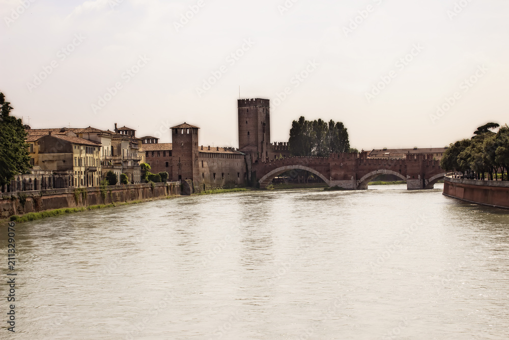 Obraz premium Riverside in Verona, Italy. Summer Day time