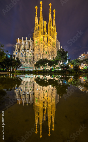 Reflection of the famous Sagrada Familia in Barcelona