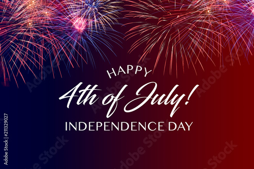 Happy JUly 4th greeting with red and blue background with fireworks