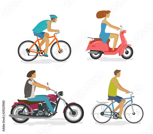Transportation, trip, driving icon set. People rides by transport, concept. Cartoon vector illustration