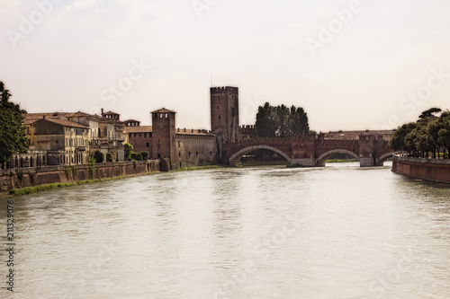 Riverside in Verona, Italy. Summer Day time