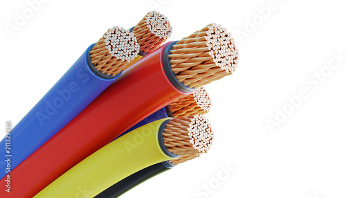 Colorful copper cables and wires isolated on white background. 3D rendered illustration.