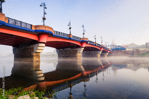 Old town bridge with morning fog in Gorzow Wielkopolski. Poland