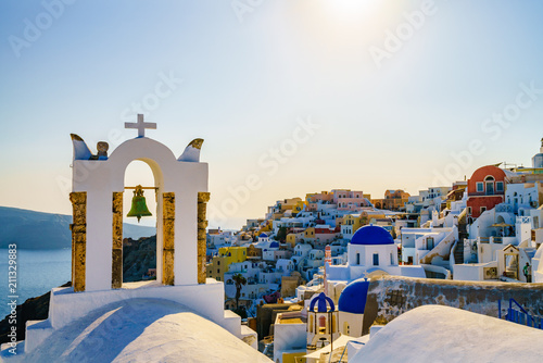 Blue domes and old bell tower. Traditional Greek architecture of Santorini island  © Pawel Pajor
