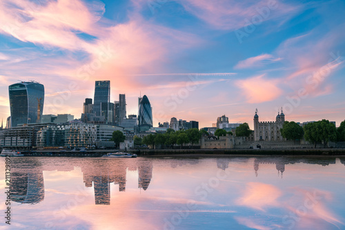 Fincance district and Tower of London at sunset. England