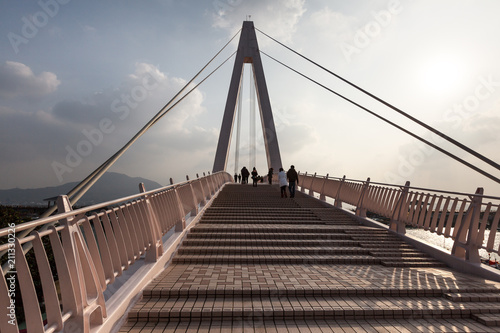Pedestrian bridge at fisherman's wharf (lovers bridge) danshui/tamsui at sunset. Taipei, Taiwan