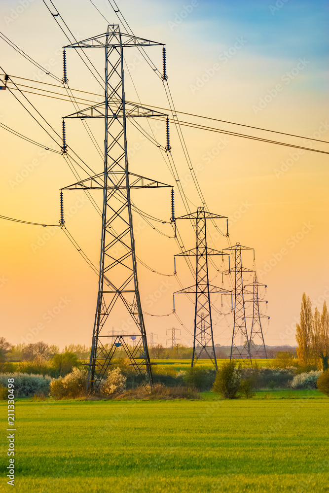 Electrical towers in United Kingdom at sunset 