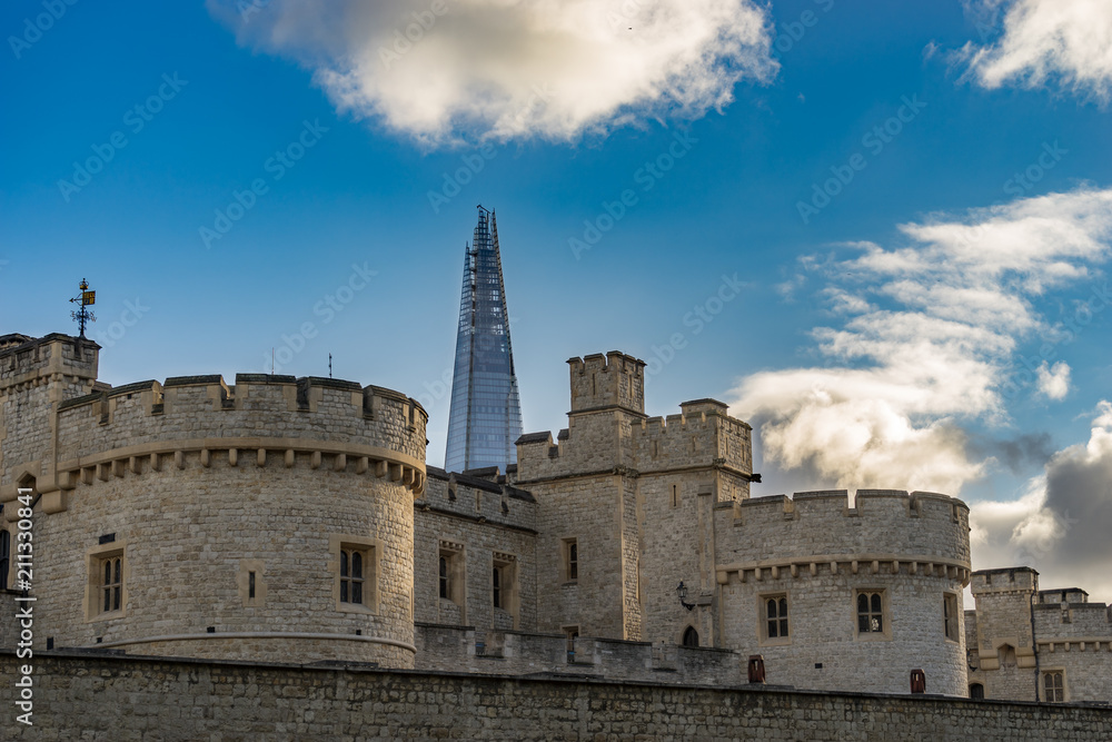 Towers of Tower of London at blue sky, UK