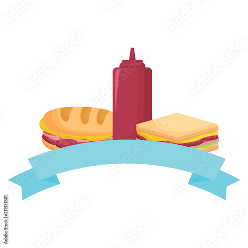decorative ribbon with Sandwichs and sauces bottle icon over white background, vector illustration