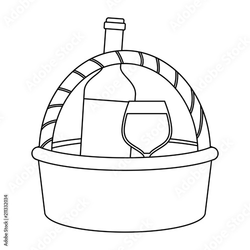 picnic basket with wine bottle and glass icon over white background, vector illustration