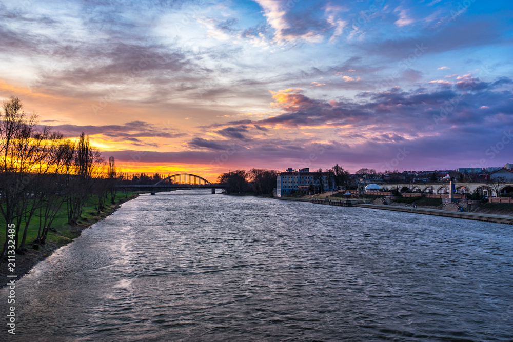 Beautiful sunrise near Warta river in Gorzow, Poland