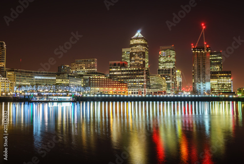 Canary Wharf business district with christmas lights at night