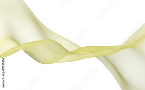 Abstract yellow wave. Bright yellow ribbon on white background. Yellow color scarf. Abstract yellow smoke. Raster air background. 3D illustration