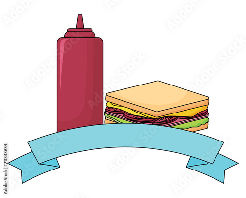 decorative ribbon with Sandwich and ketchup bottle icon over white background, vector illustration