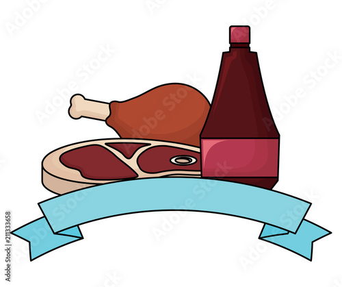 decorative ribbon with meat steak and chicken thigh and sauce bottle icon over white background, vector illustration