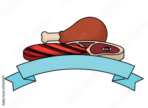 decorative ribbon with meat steak and chicken thigh and sauce bottle icon over white background, vector illustration