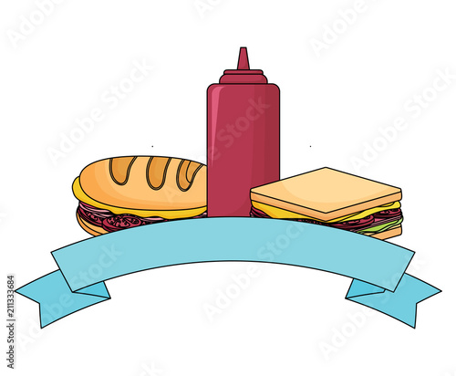 decorative ribbon with Sandwichs and sauces bottle icon over white background, vector illustration