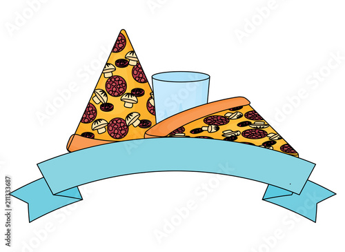 decorative ribbon with pizza slices and glass icon over white background, vector illustration