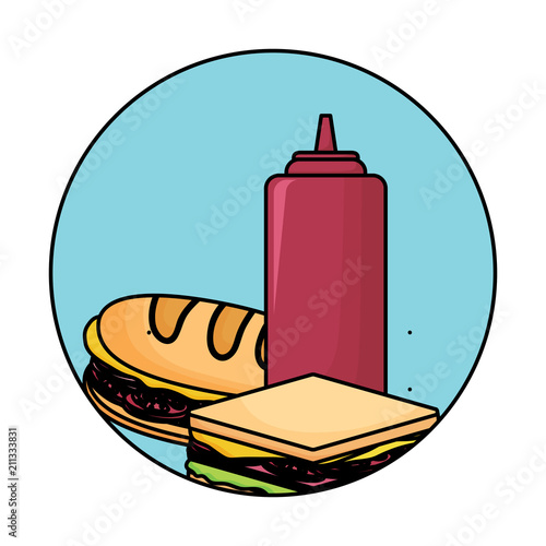 decorative circular frame with sandwich and ketchup bottle icon over white background, vector illustration