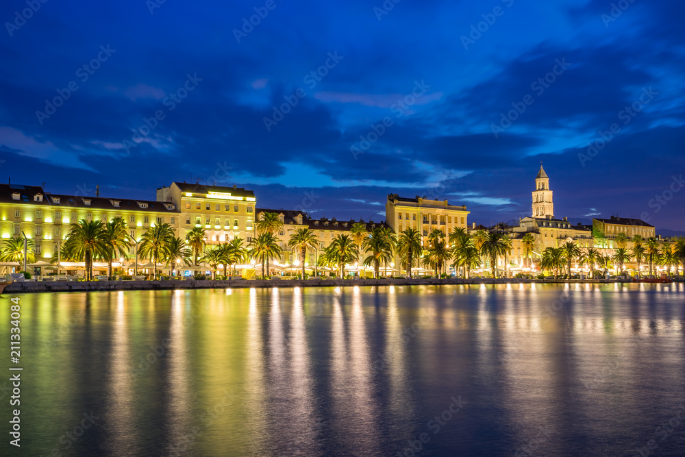 Evening view of Split with Diocletian Palace and St Domnius Cathedral at blue hour, Dalmatia, Croatia