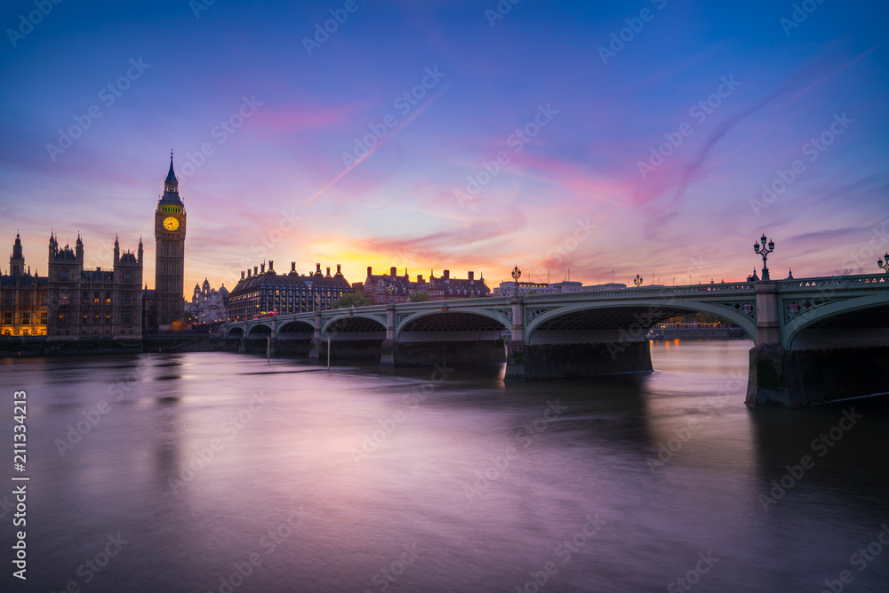Fototapeta premium Westminster Bridge and Big Ben at sunset in London. United Kingdom