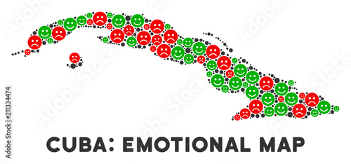 Emotion Cuba map composition of emojis in green and red colors. Positive and negative mood vector concept. Cuba map is formed of red sorrow and green positive icons. Abstract territory scheme.