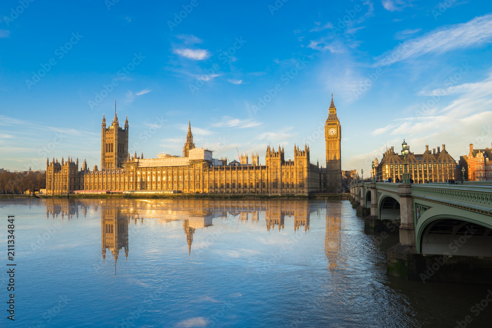Houses of Parliament and Big Ben in morning light in London, England