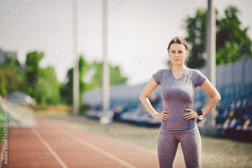 Theme is Sport and Health. Beautiful Young Caucasian Woman with Big Breasts  Athlete Runner Stands Resting on Running Stock Image - Image of active,  athlete: 122752155