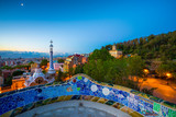 Barcelona cityscape at dawn seen from public park Guell. Spain