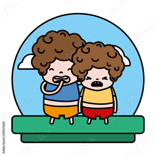 color boy bother with hairstyle and clothes in the landscape