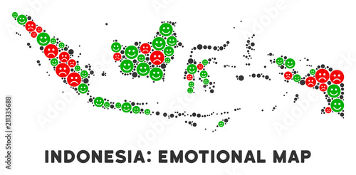 Happiness and sorrow Indonesia map composition of smileys in green and red colors. Positive and negative mood vector template.