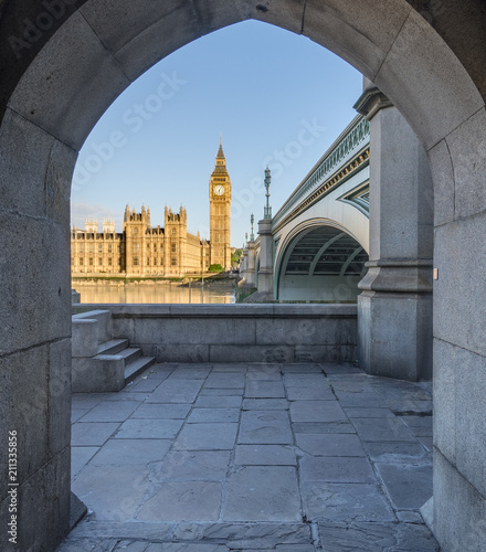 View of Big Ben through the pedestrian tunnel at sunny day, London