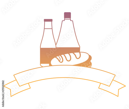 decorative ribbon with Sandwichs and sauces bottle icon over white background, vector illustration