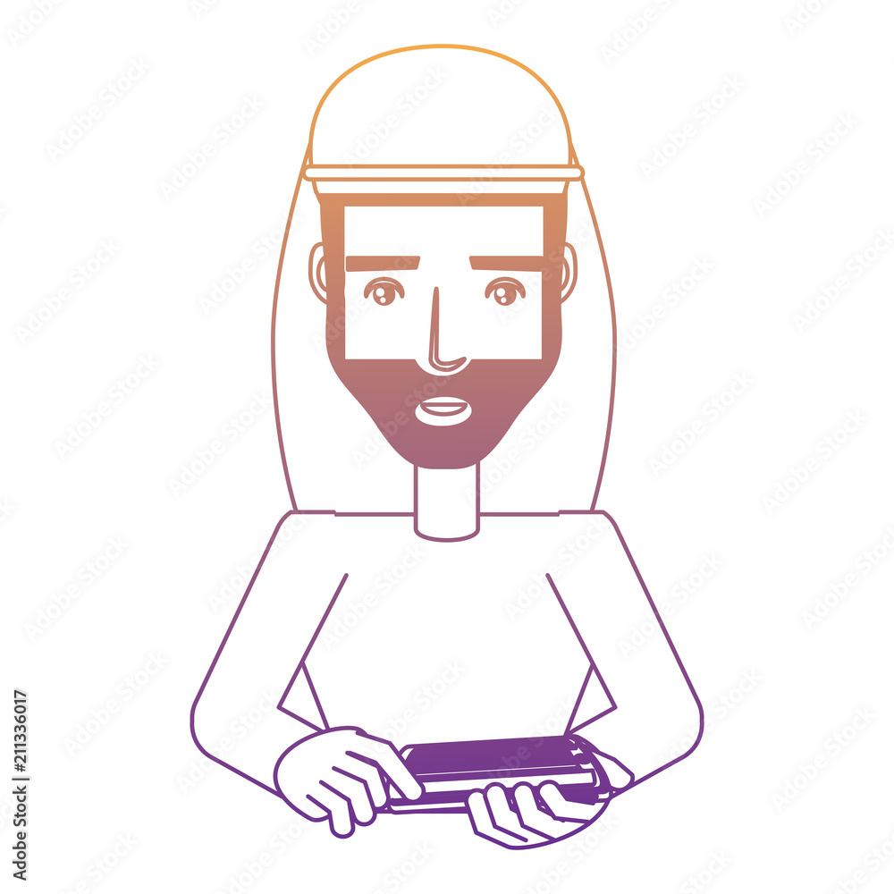 arabic man using a cellphone over white background, vector illustration arabic man using a cellphone over white background, vector illustration