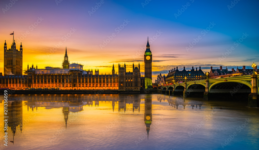 Westminster Palace and Big Ben reflected in the water at beautiful sunset in London