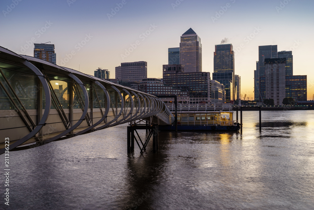 Canary Wharf business district in London at dawn. England