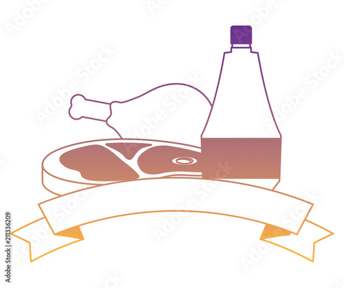 decorative ribbon with meat steak and chicken thigh and sauce bottle icon over white background, vector illustration