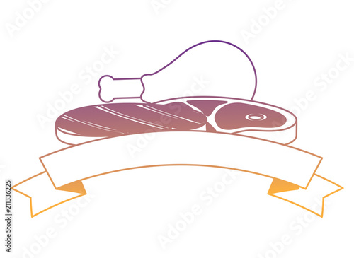 decorative ribbon with meat steak and chicken thigh and sauce bottle icon over white background, vector illustration