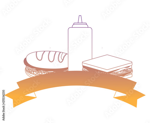 decorative ribbon with Sandwichs and sauces bottle icon over white background, vector illustration