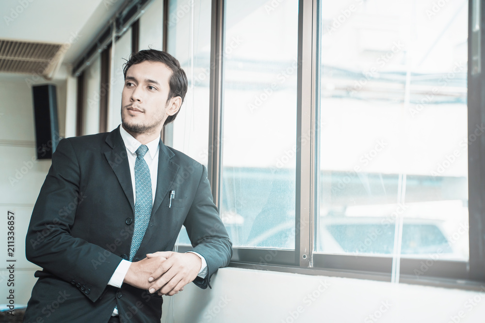 Portrait of handsome businessman standing near window in office. Portrait of handsome businessman standing near window in office.