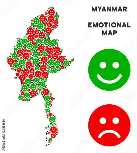 Happiness and sorrow Myanmar map mosaic of smileys in green and red colors. Positive and negative mood vector concept. Myanmar map is formed of red sorrow and green joy emotion symbols.