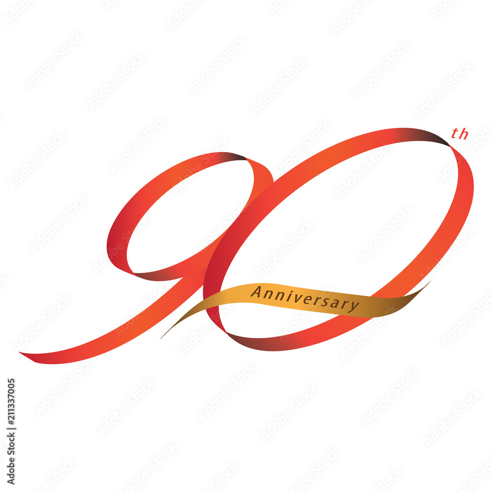 Handwriting ribbon style celebrating, anniversary of number 90th year, Luxury duo tone red and gold.