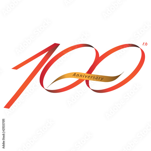 Handwriting ribbon style celebrating, anniversary of number 100th year, Luxury duo tone red and gold.