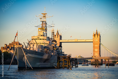 HMS Belfast and Tower Bridge at sunset photo