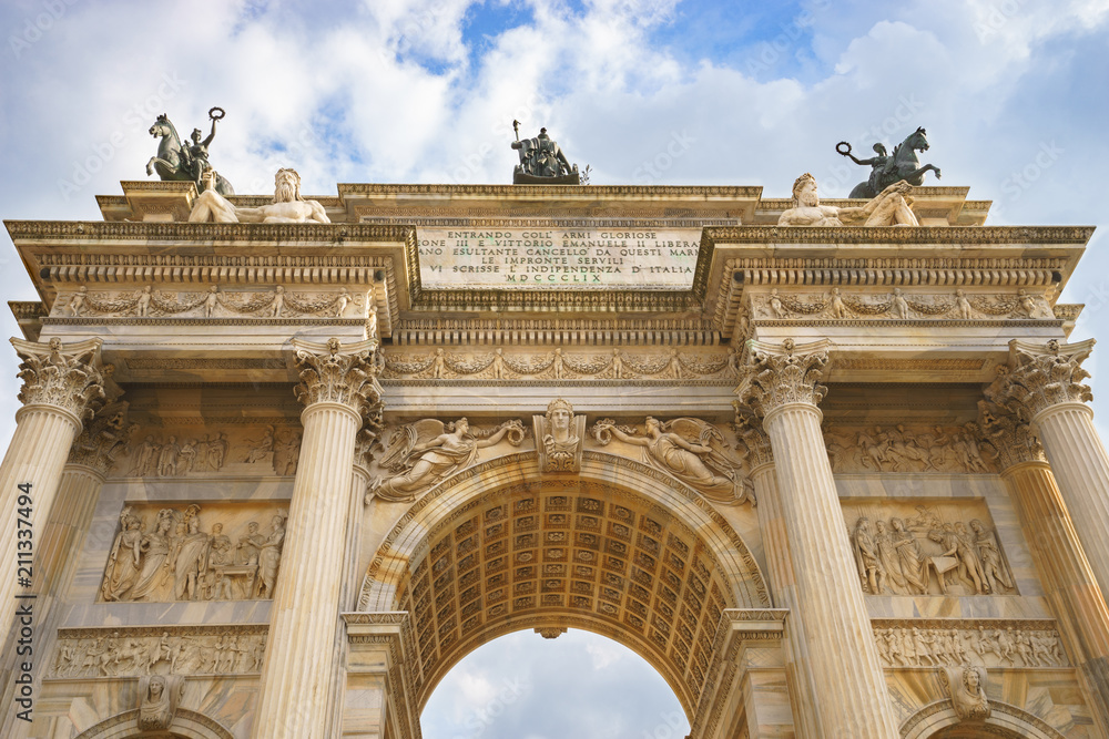 Close up view of Arco della Pace (Arch of Peace), Porta Sempione, Milan, Italy 