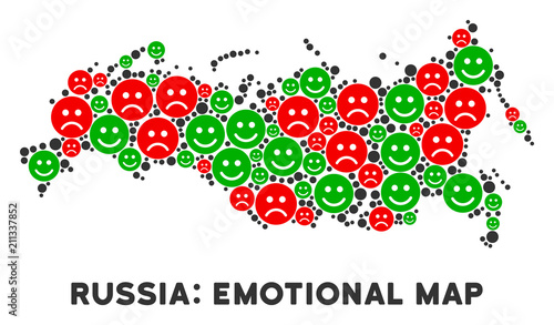 Emotional Russia map collage of smileys in green and red colors. Positive and negative mood vector template. Russia map is formed of red sorrow and green positive icons. Abstract geographic scheme.