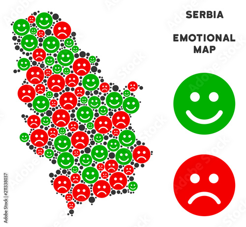 Emotion Serbia map composition of smileys in green and red colors. Positive and negative mood vector template. Serbia map is formed of red sad and green happy emotion symbols.