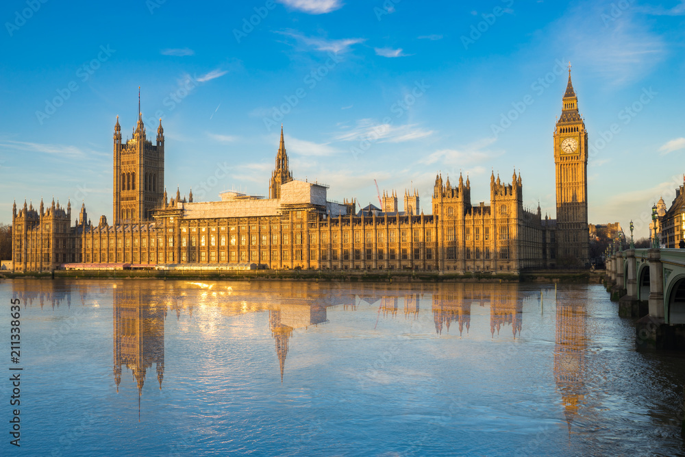 Houses of Parliament and Big Ben in morning light in London, England