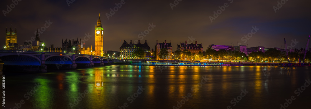 Panorama of London Thames river with Big Ben and Westminster bridge 