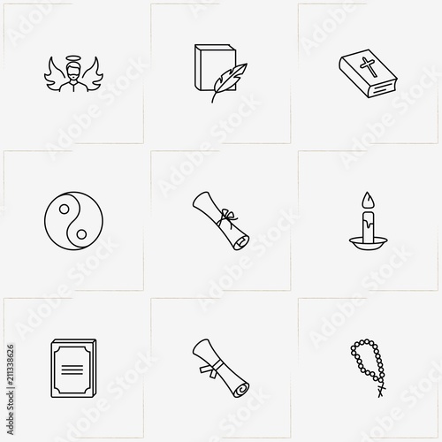 Religion line icon set with christian beads , book and holy bible